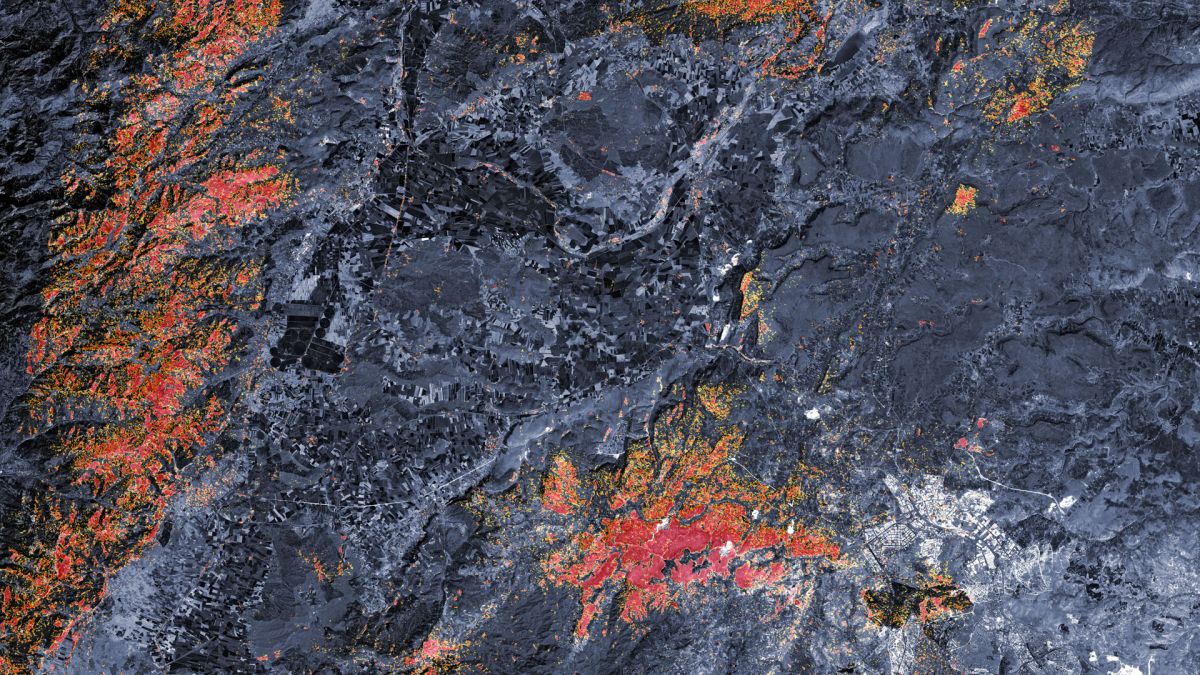 A satellite image of the earthquake-stricken area around the border between southern Turkey and western Syria.